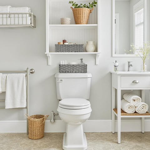 GRANNY SAYS wicker storage baskets tidy towels and toiletries in small spaces.