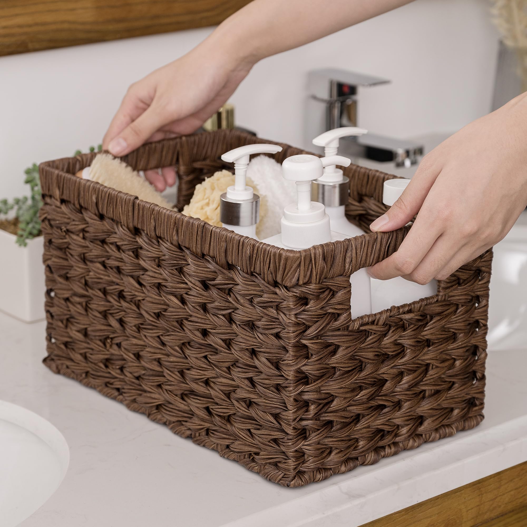 GRANNY SAYS bathroom-ready basket resists moisture for neat towel storage.
