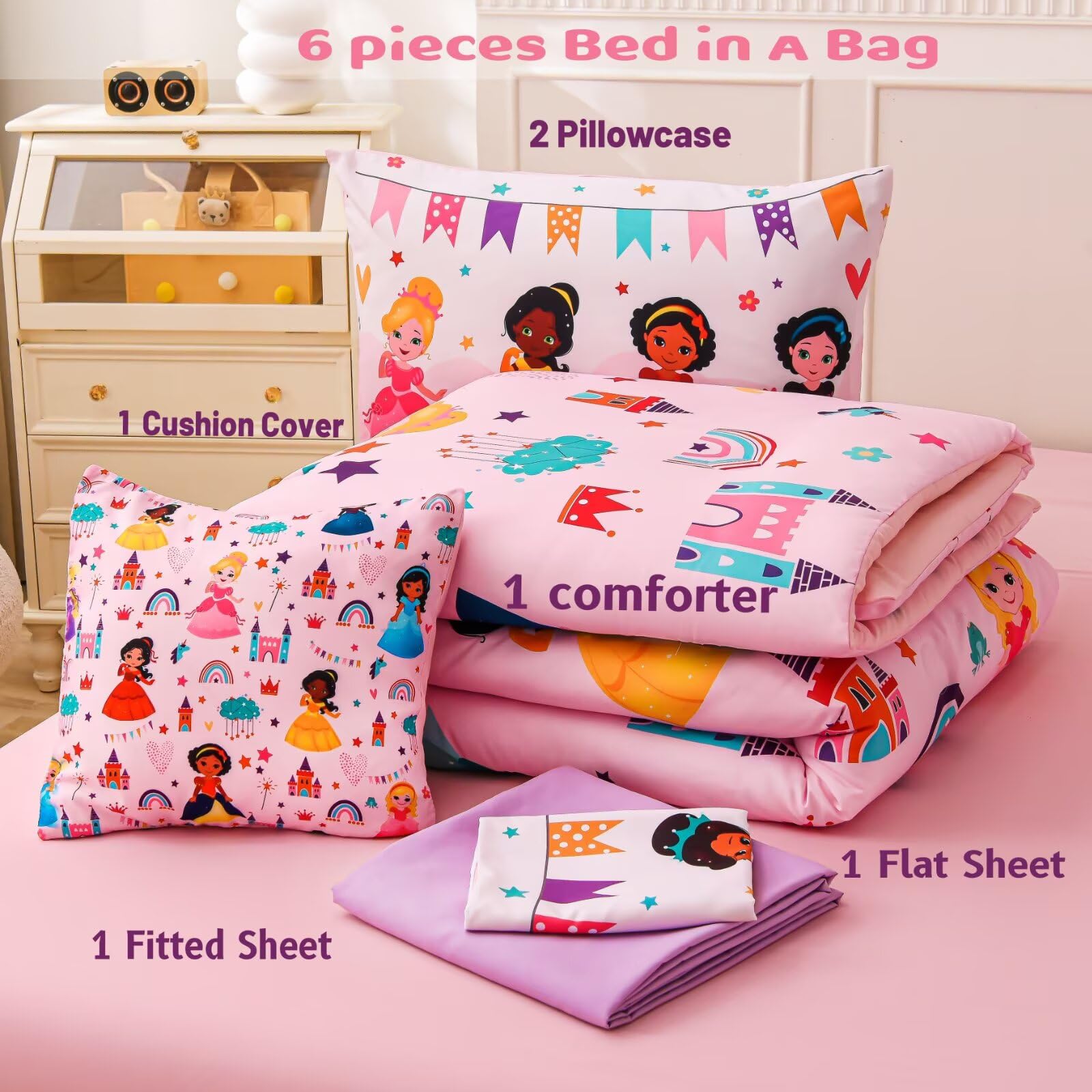 GRAT TIOC princess print design on bedding for a playful girls' room
