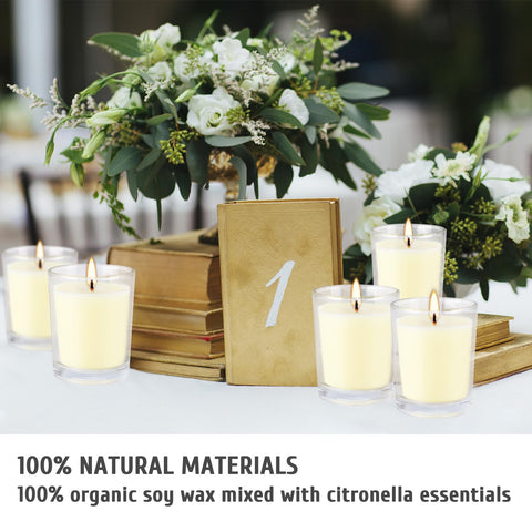 Portable citronella votive candle in a glass cup for patio ambience
