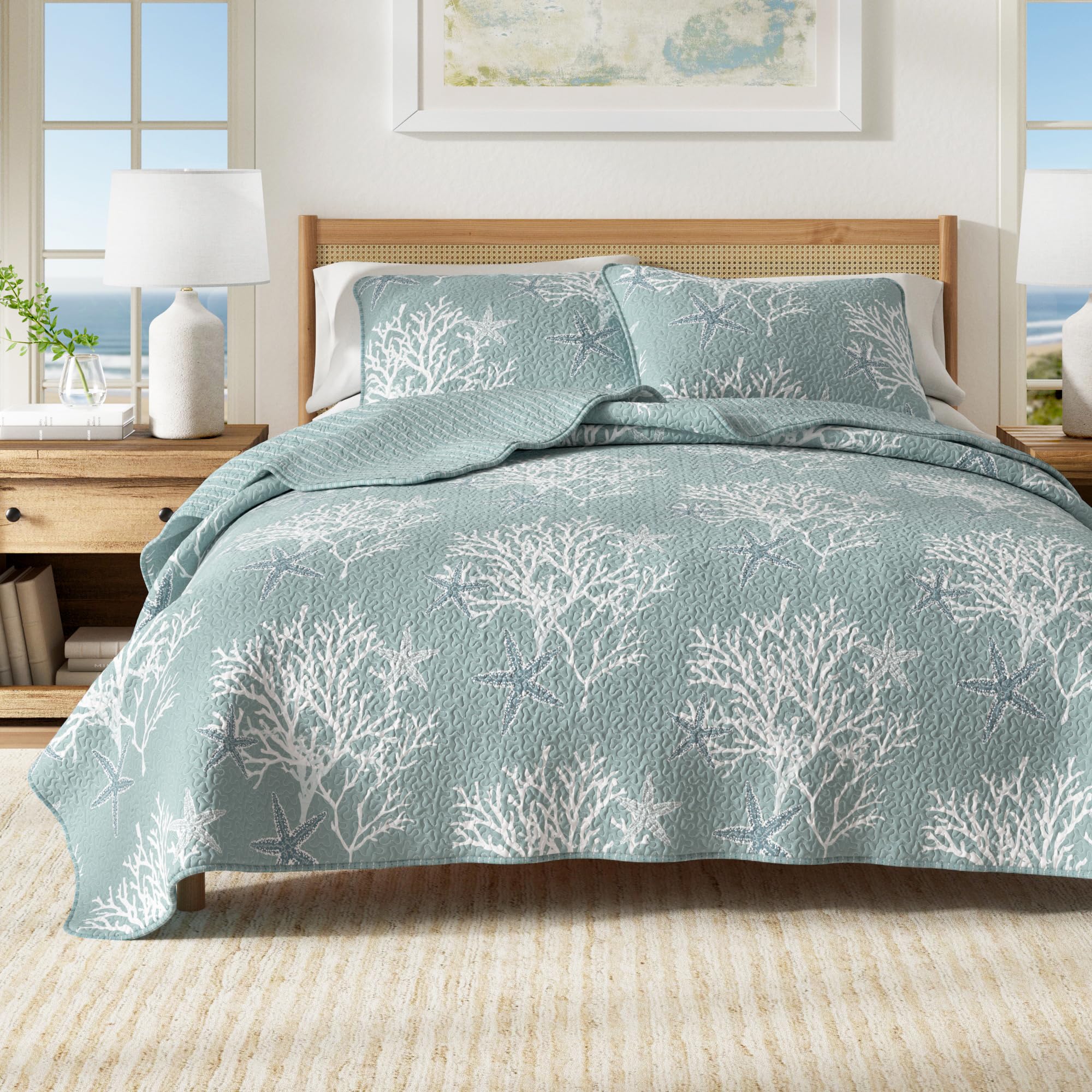 Great Bay Home coastal quilt Ether Blue on bed, lightweight all-season comfort