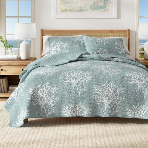 Great Bay Home coastal quilt Ether Blue on bed, lightweight all-season comfort