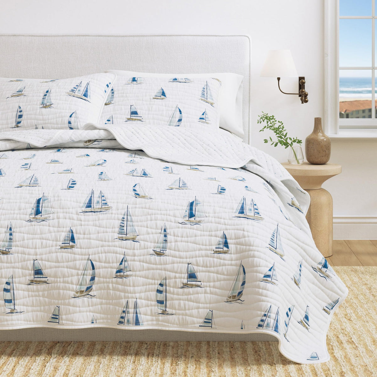 Great Bay Home coastal quilt set with sailboats—soft microfiber comfort for year-round use.