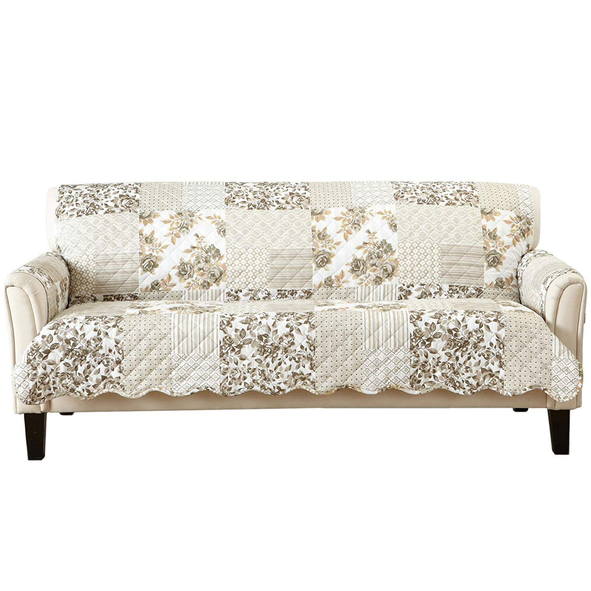 Great Bay Home reversible patchwork sofa cover front view protects furniture from spills.
