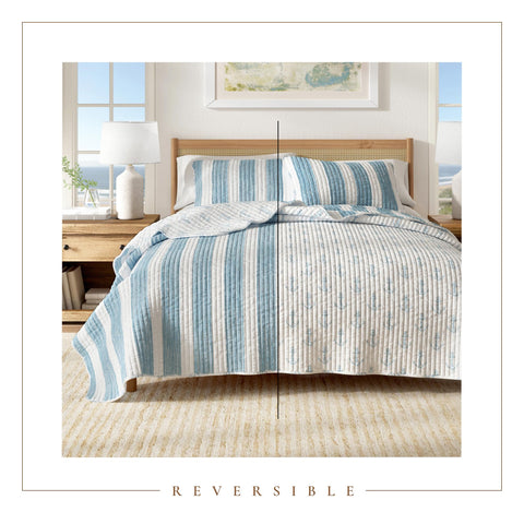 Great Bay Home bedding layers demonstrate ocean tones and cozy texture.