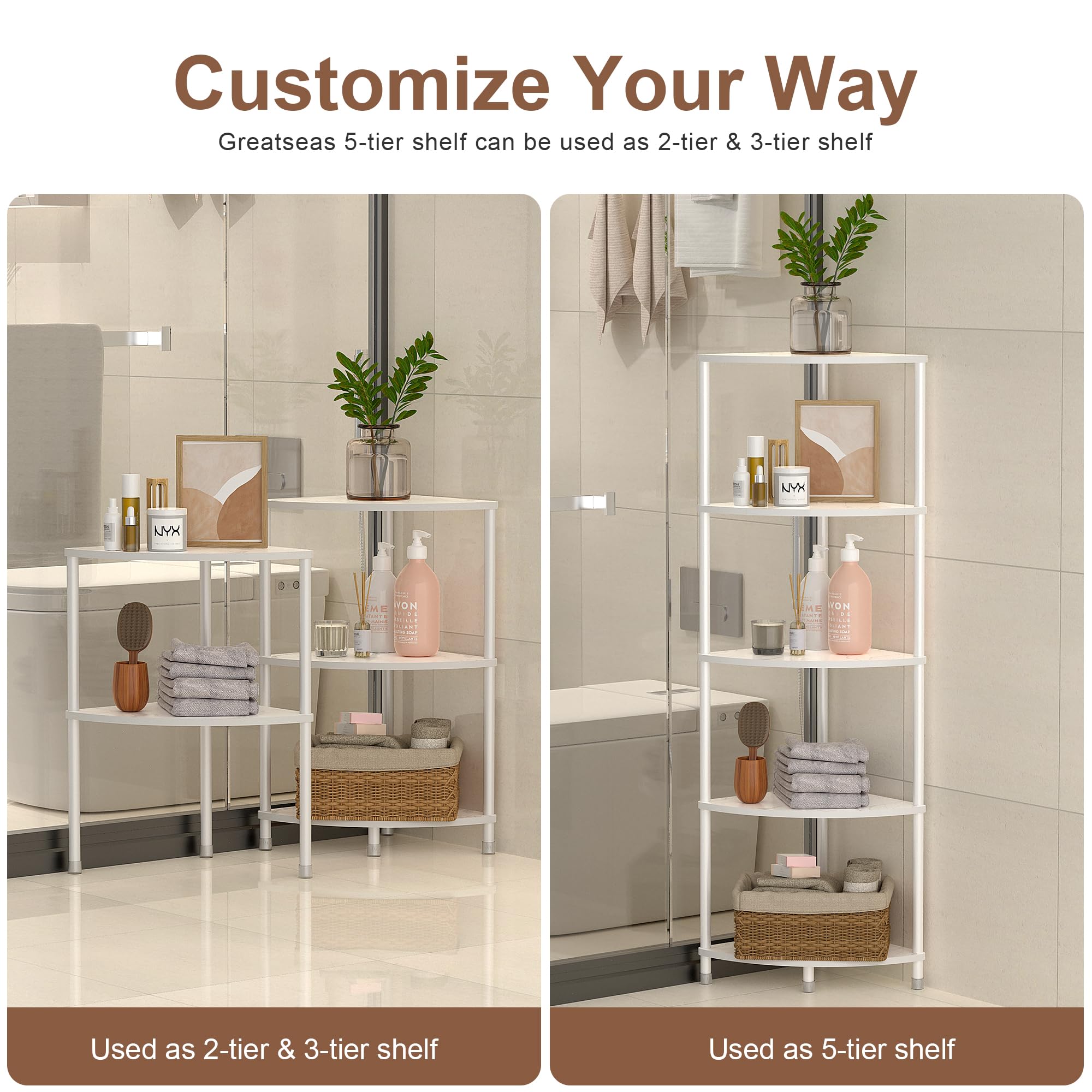 Assembly guide image shows quick setup for this corner shelf