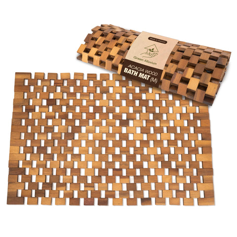 Green Alluvium Acacia Wood Bath Mat with non-slip surface for safe showers