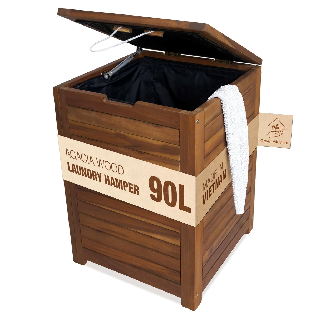 GREEN ALLUVIUM acacia wood laundry hamper with lid keeps laundry discreet and organized.
