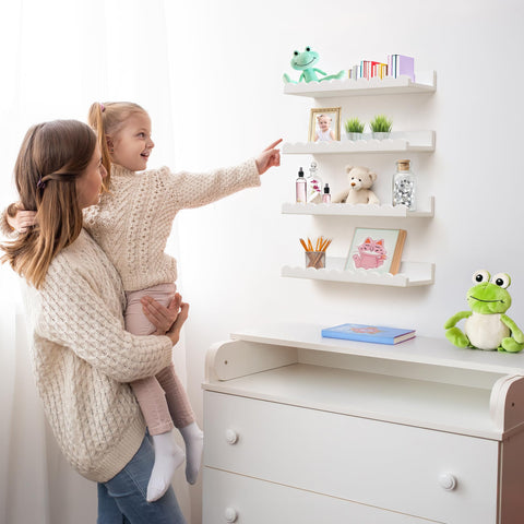 Green Goods Supply white floating nursery shelves for books and toys