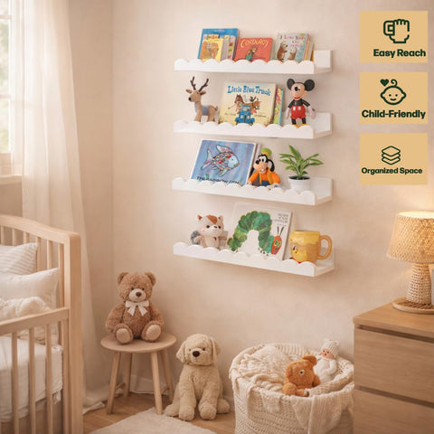 Green Goods Supply scalloped shelves hardware ready to hang shown with mounting hardware