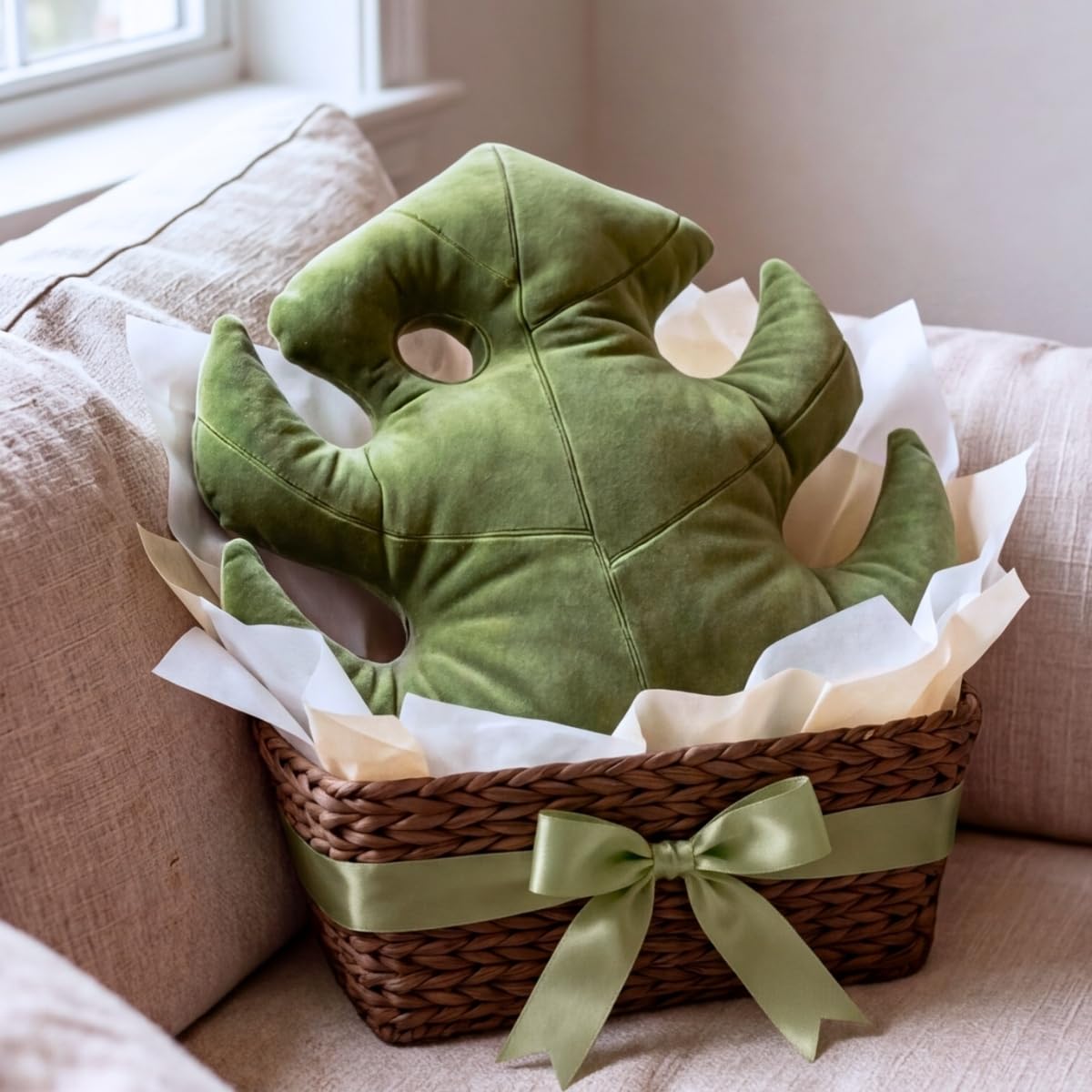 Green Philosophy Co. Monstera Leaf Pillow mossy-earth color enhances calming living spaces.