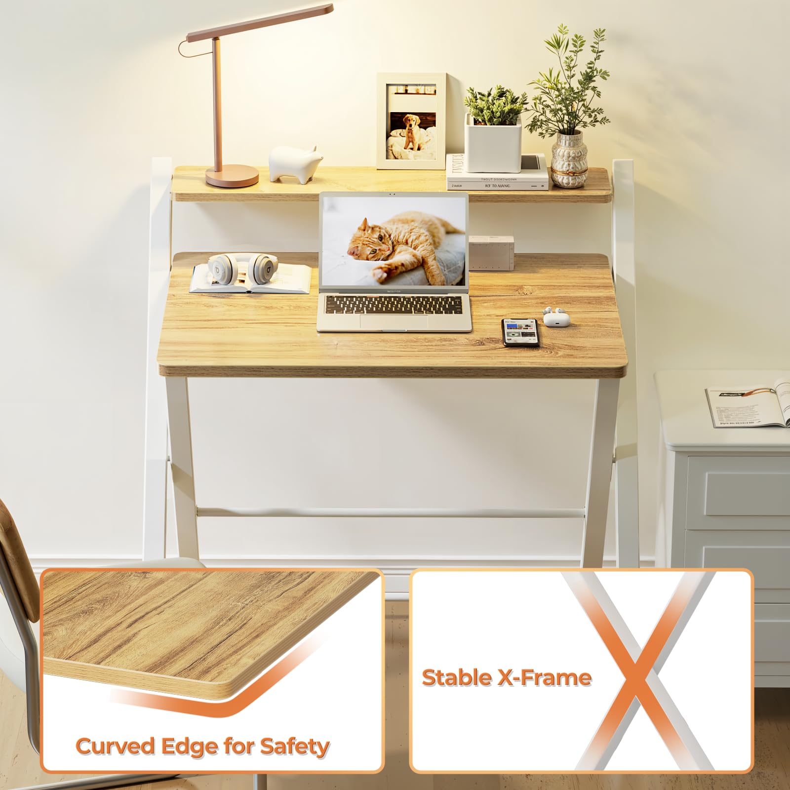 GreenForest desk dimensions show 22-27-31-9 extended footprint for compact rooms.