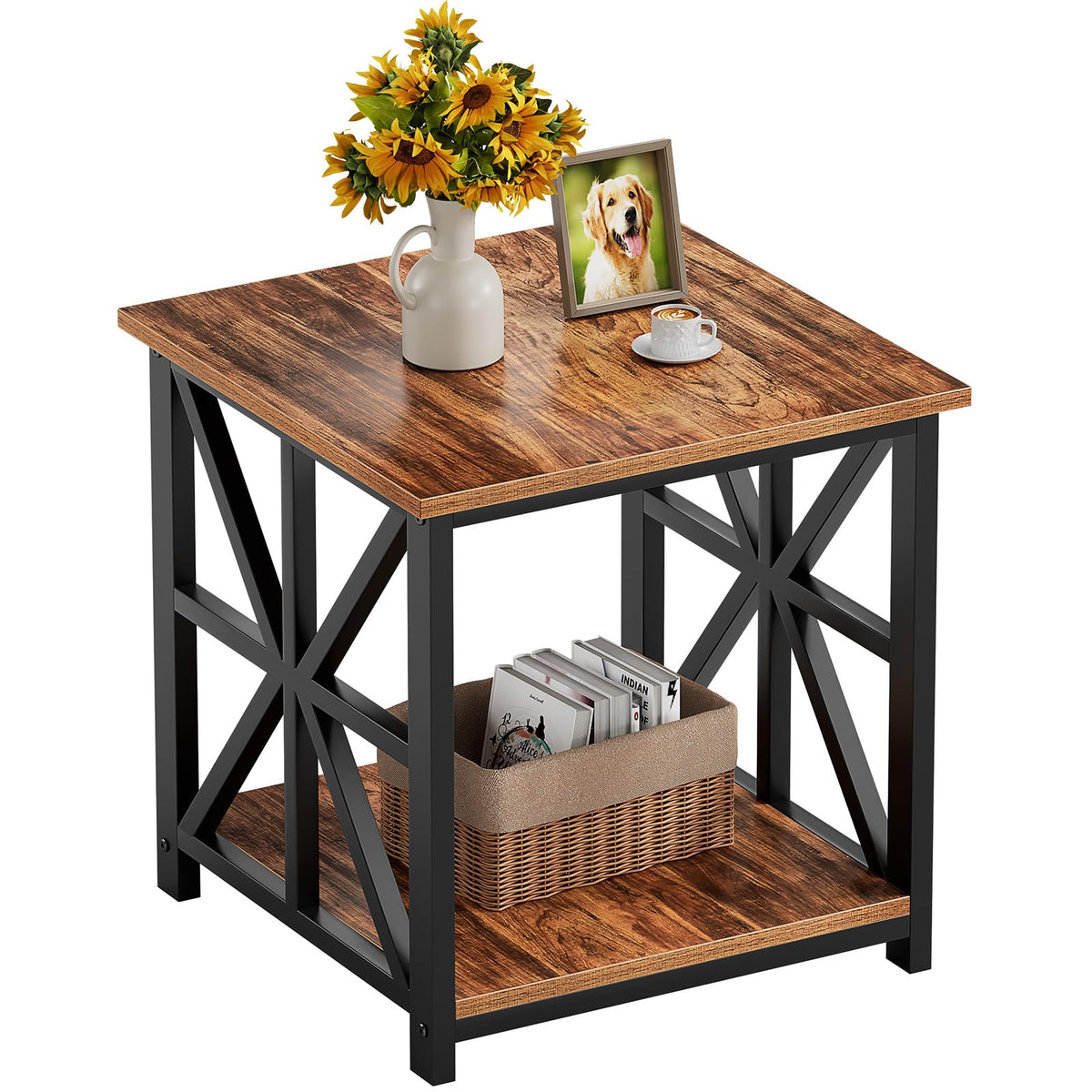 GreenForest end table with 2-tier shelves keeping remotes organized and reachable