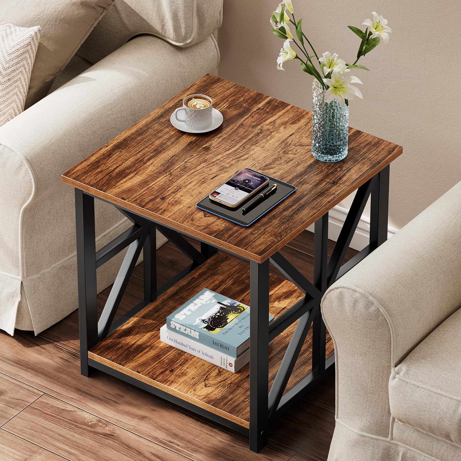 Sturdy X-frame on GreenForest end table adds stability for heavy items