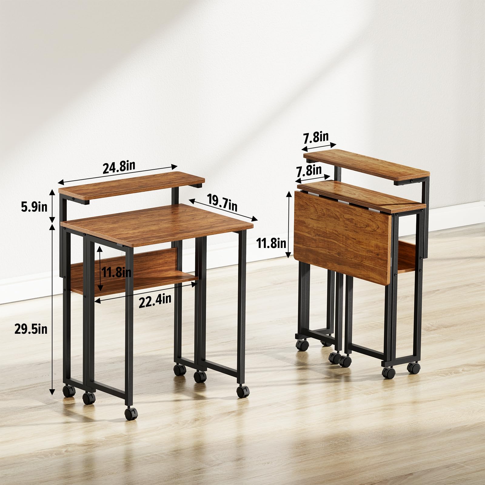 GreenForest folding desk with adjustable monitor stand to suit different viewing heights.