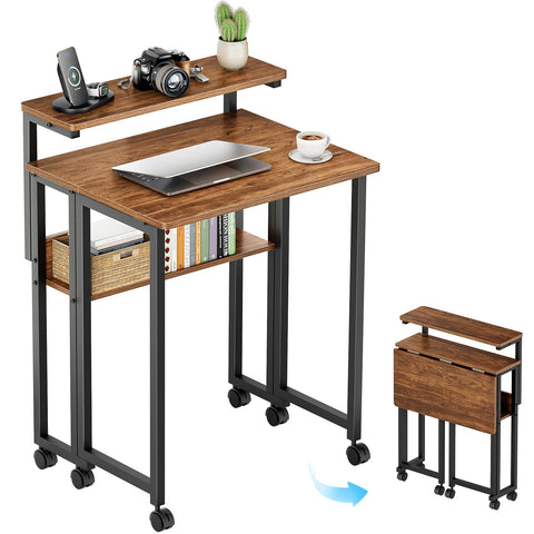 GreenForest folding desk with walnut finish and adjustable monitor shelf for ergonomic comfort.