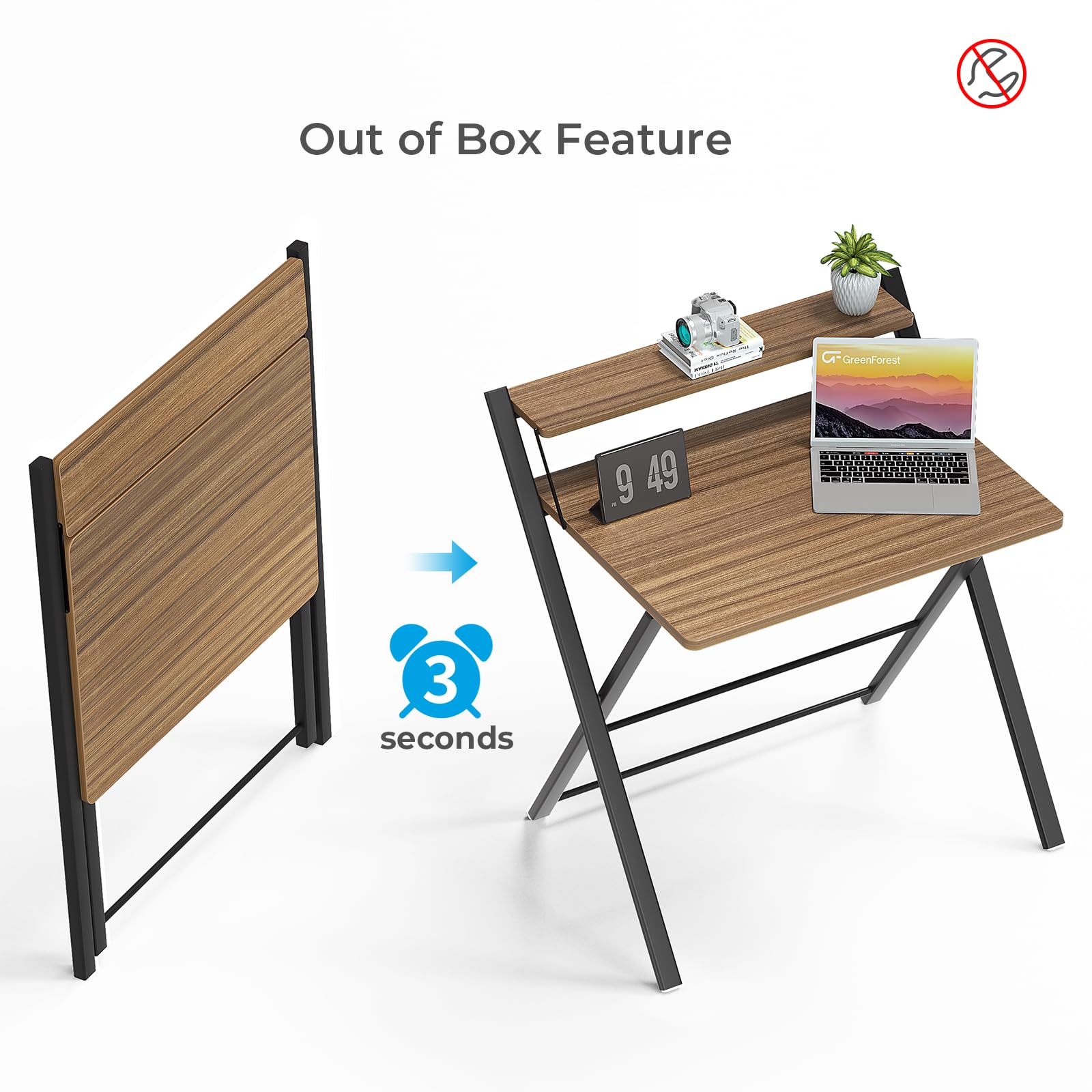 GreenForest X-frame folding desk espresso offers stable support for work.