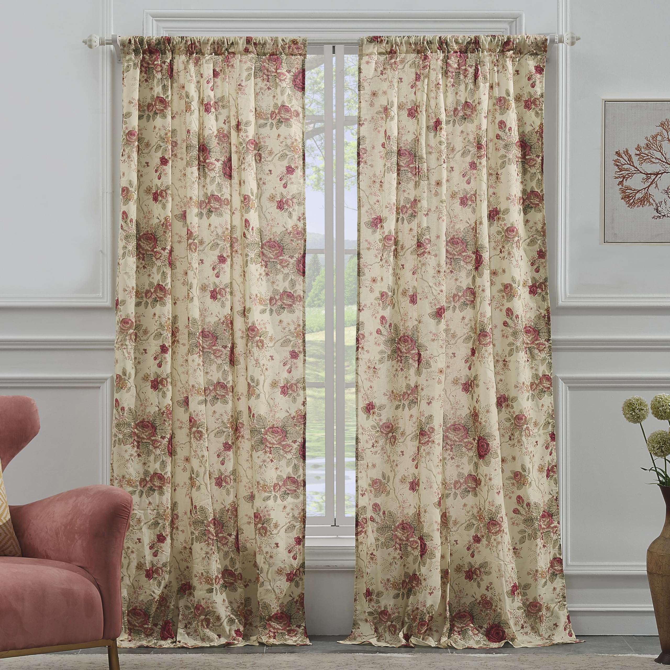 Greenland Home Antique Rose curtain panel pair on warm ecru fabric for timeless living room style