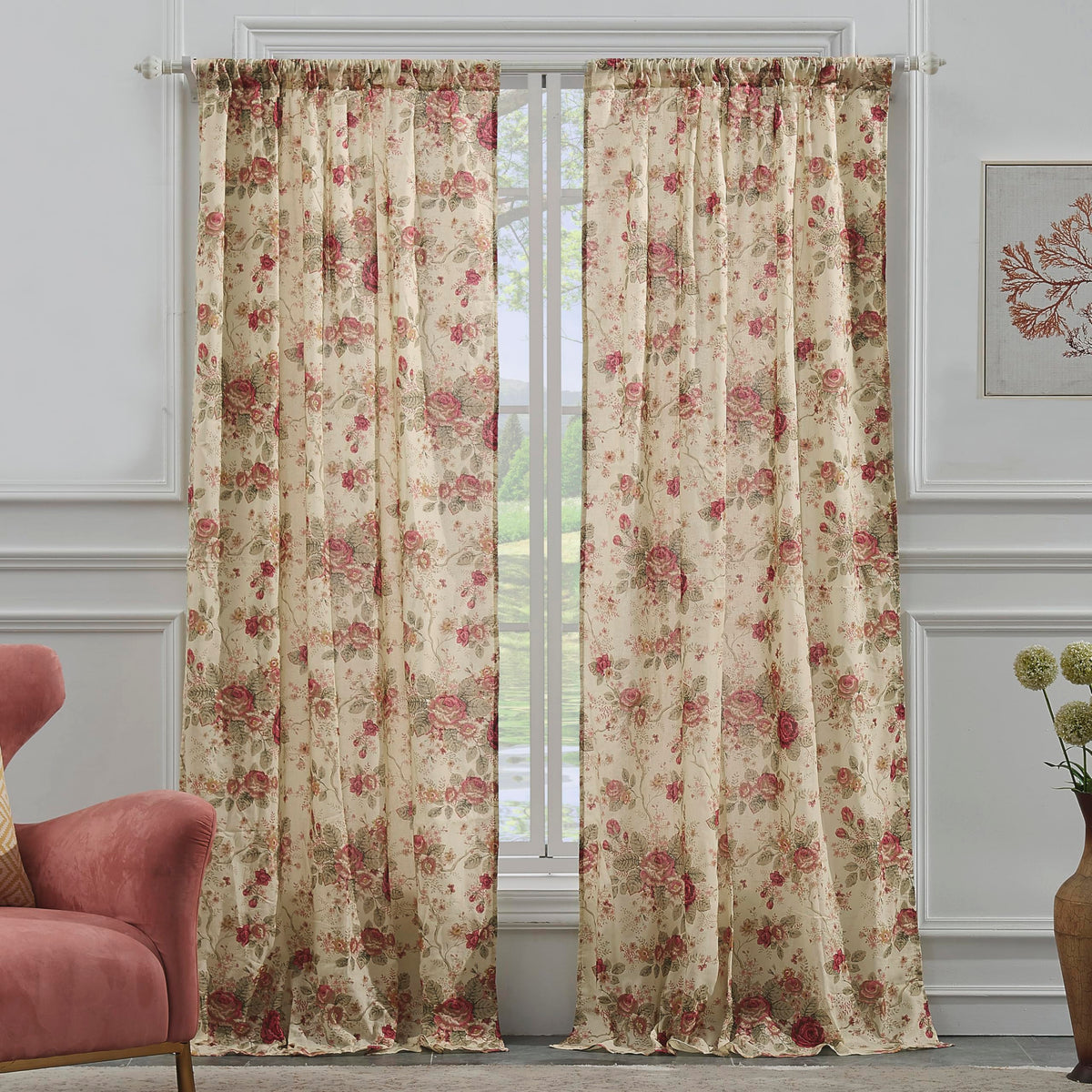 Greenland Home Antique Rose curtain panel pair on warm ecru fabric for timeless living room style