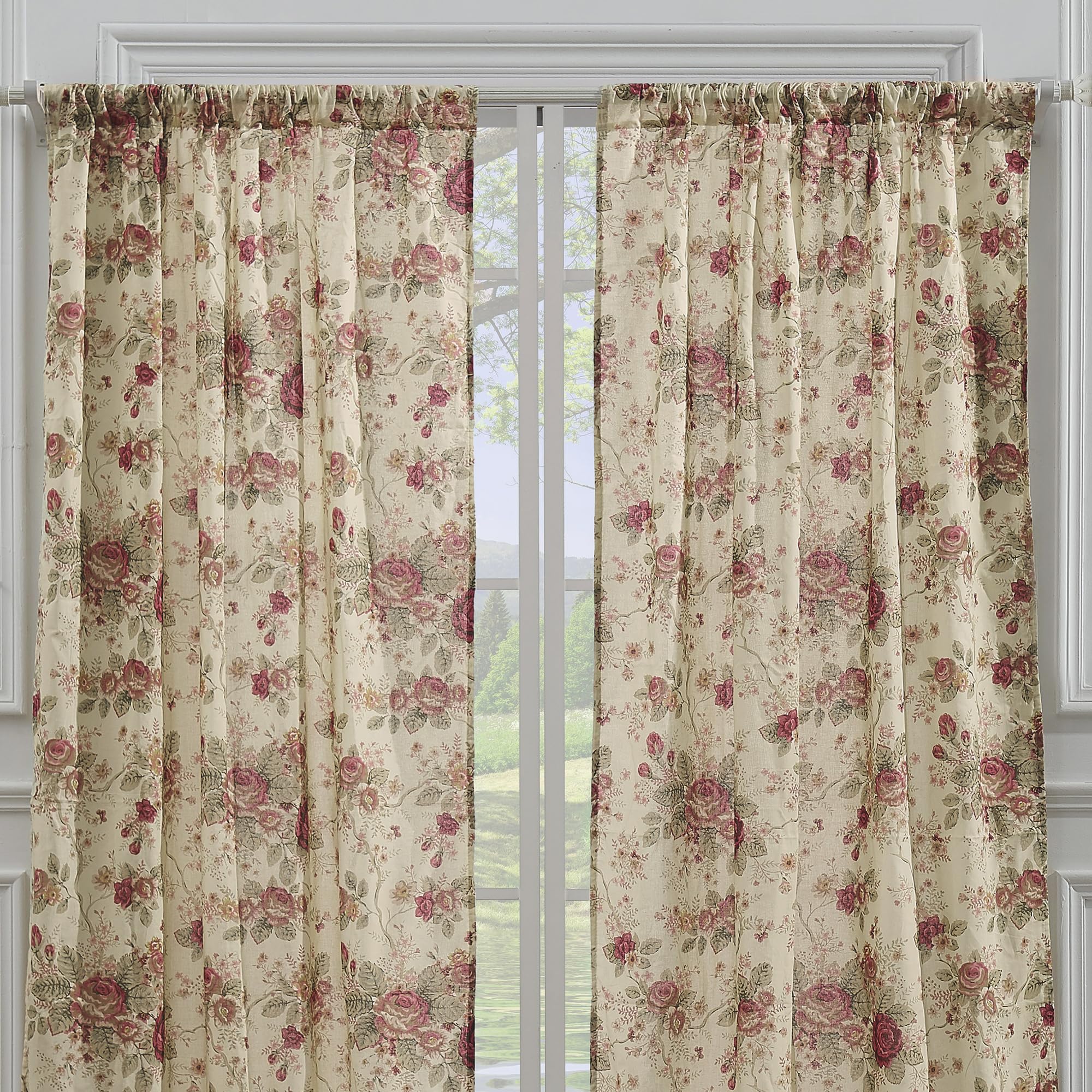Tie backs of Greenland Home Antique Rose curtain for enhanced window dressing