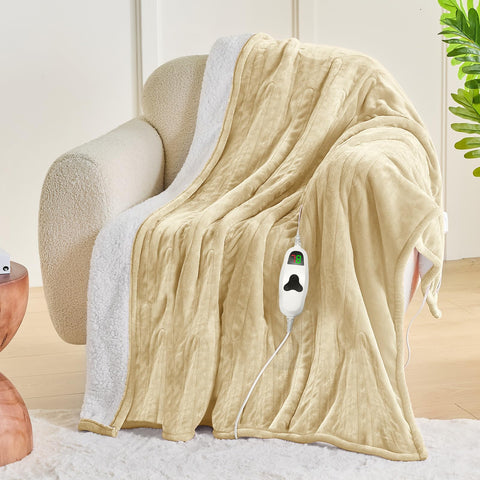 Greenoak beige throw folds compactly for storage when not in use.