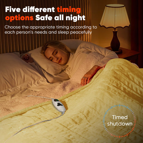 Greenoak heated blanket auto-off icon demonstrates safety shutoff after use