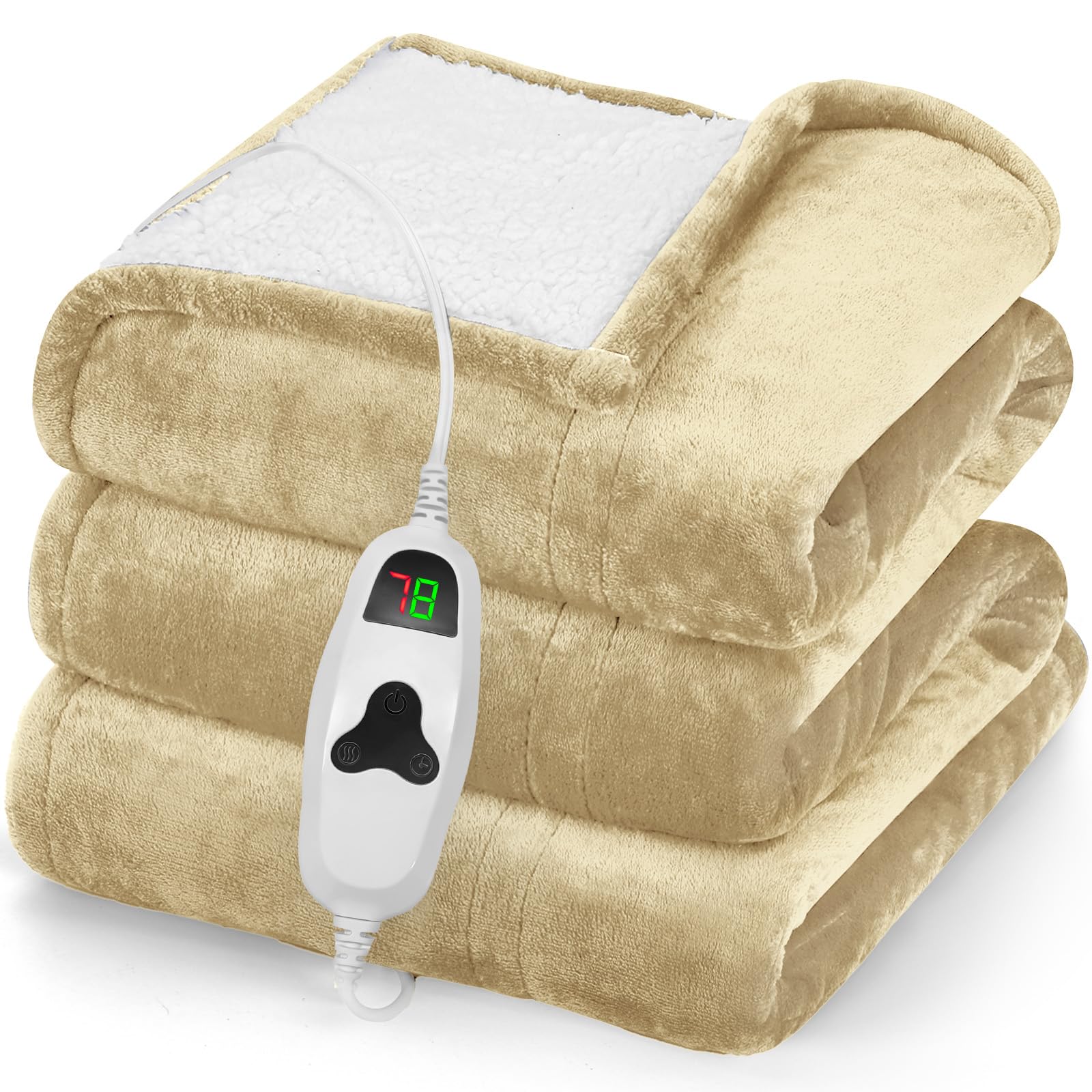Greenoak heated blanket on bed provides cozy warmth and soft beige fleece.