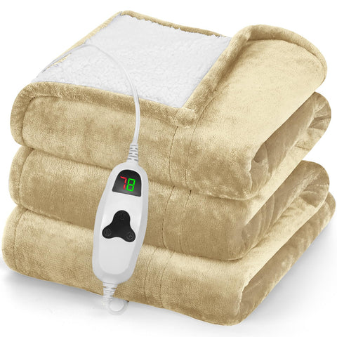 Greenoak heated blanket on bed provides cozy warmth and soft beige fleece.