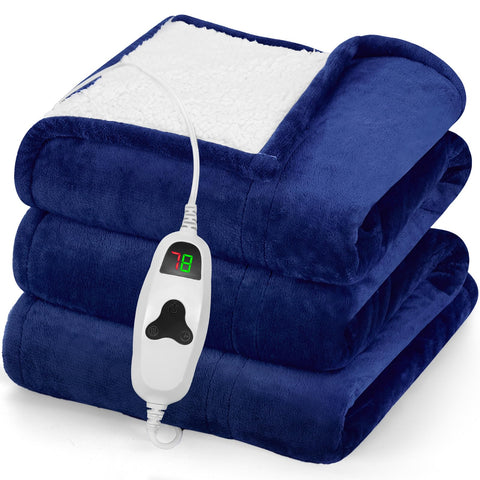 Greenoak sea blue heated blanket 50x60 on bed for cozy warmth.