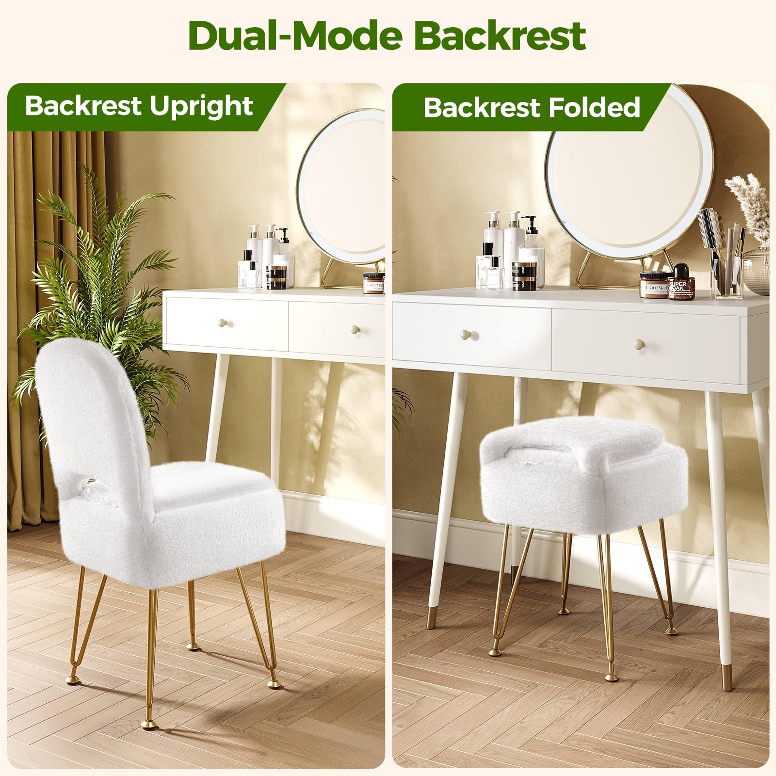 Greenstell vanity chair features sturdy golden metal legs for lasting stability