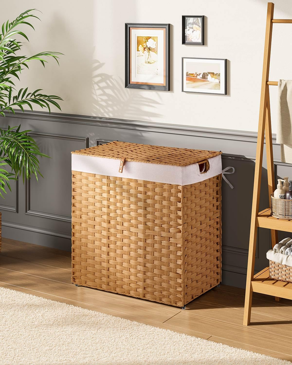 Greenstell 110L capacity laundry hamper highlights ample space for full loads.