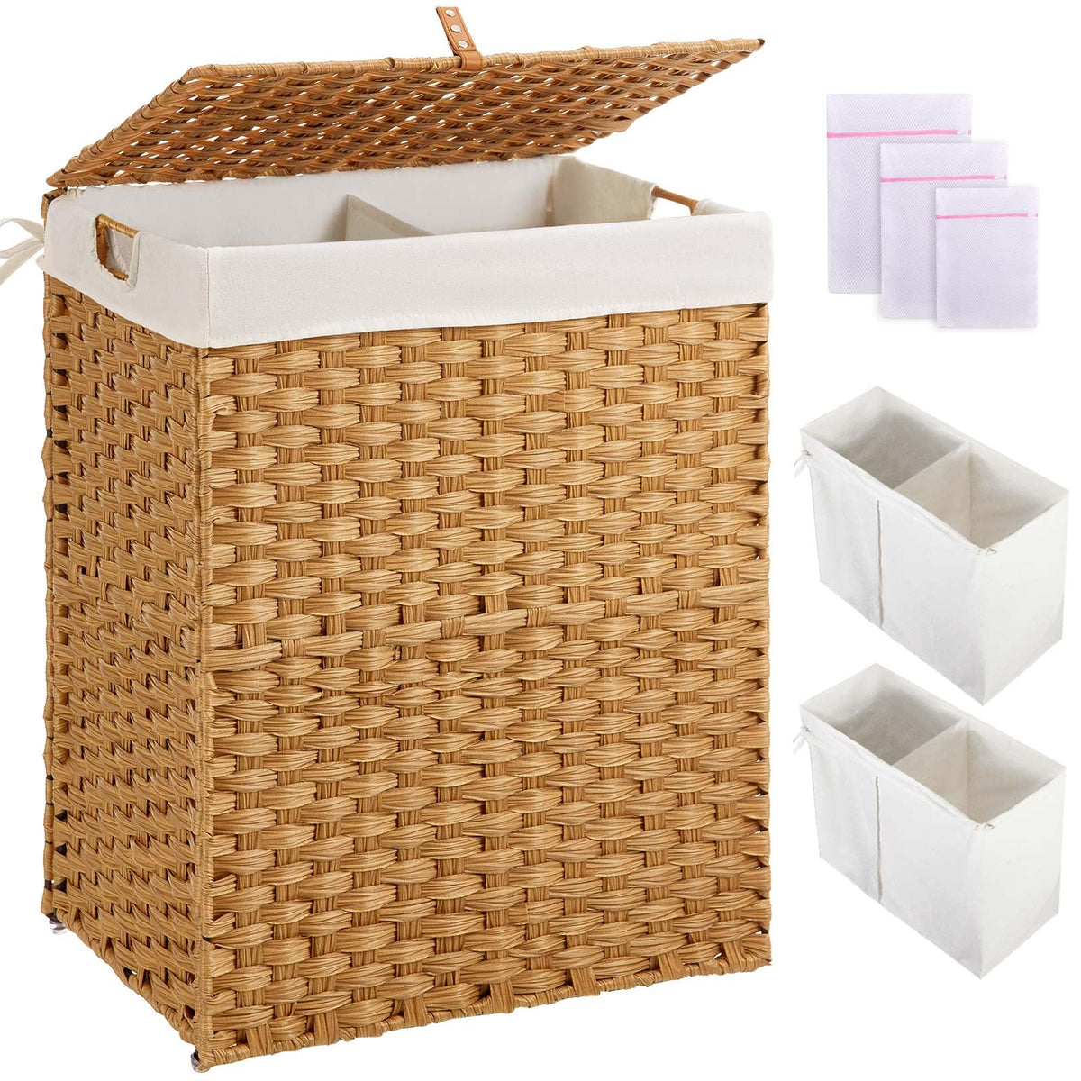 Greenstell 90L laundry hamper front view showing sturdy frame and natural weave