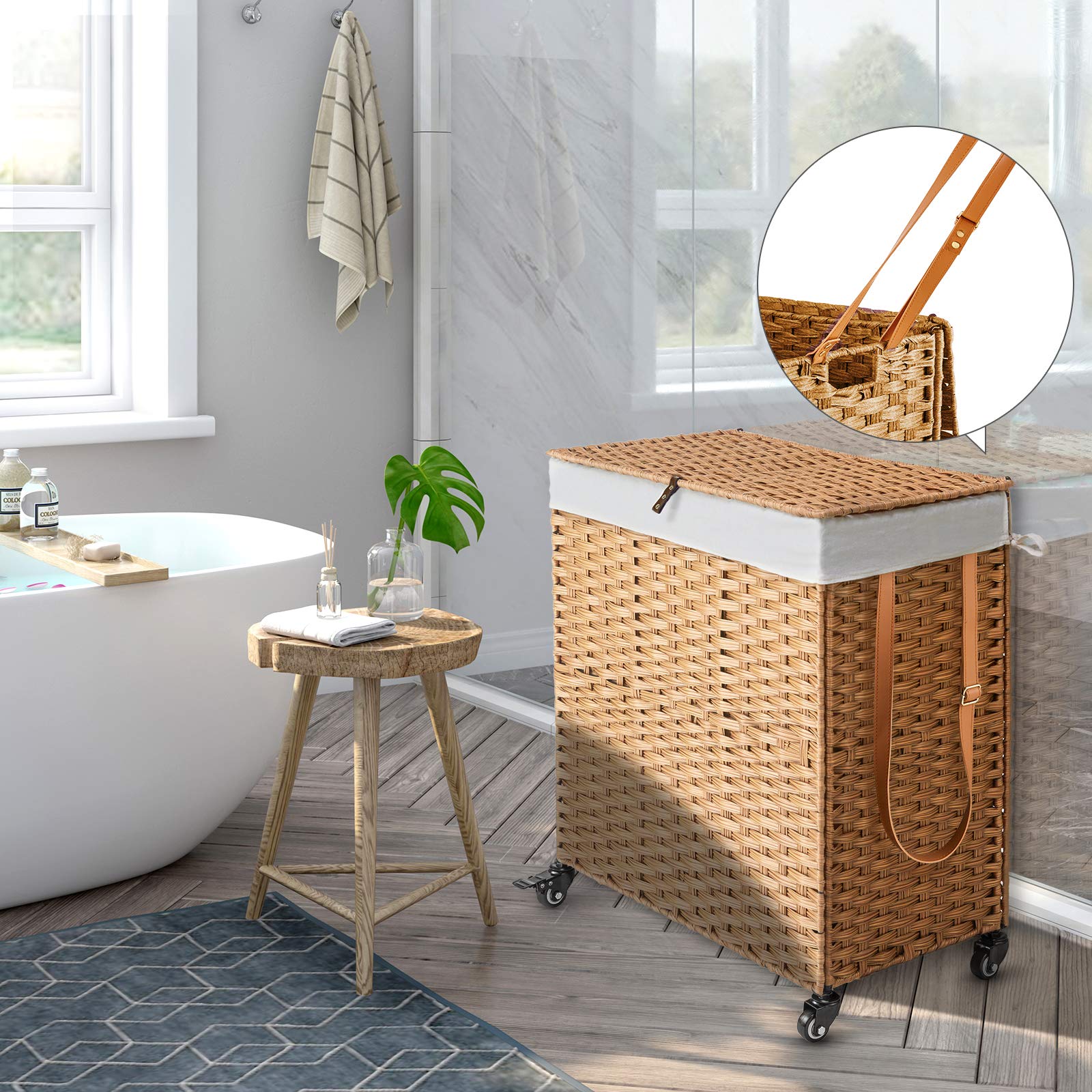 GREENSTELL hamper with removable liner bags for quick laundry transfer.