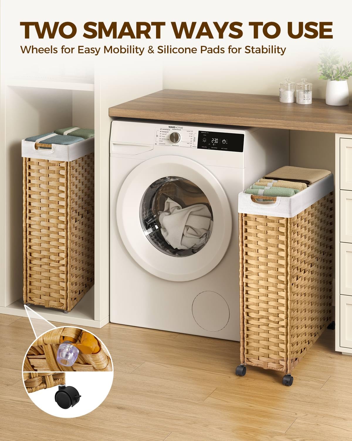 Greenstell laundry hamper under vanity saving space in a small bathroom.