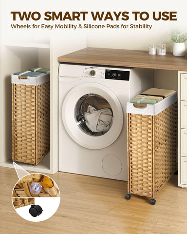 Greenstell laundry hamper under vanity saving space in a small bathroom.