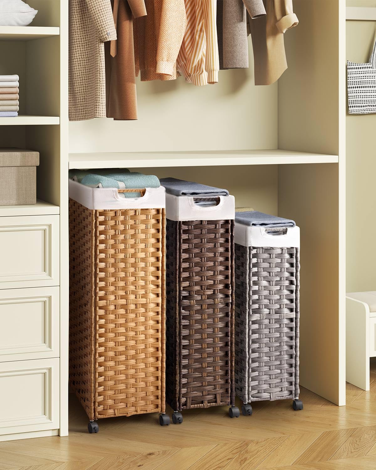 GREENSTELL hamper wheels roll smoothly for effortless laundry transport.