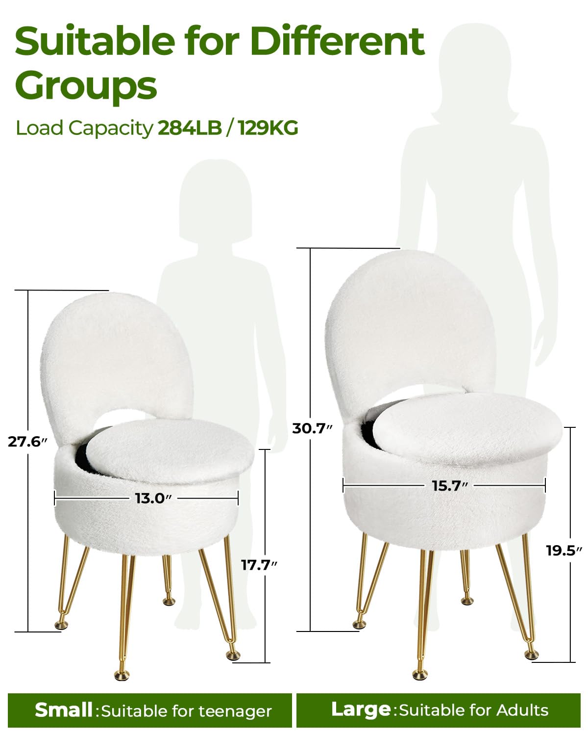 GREENSTELL vanity chair with soft white faux fur seat for spa-like comfort