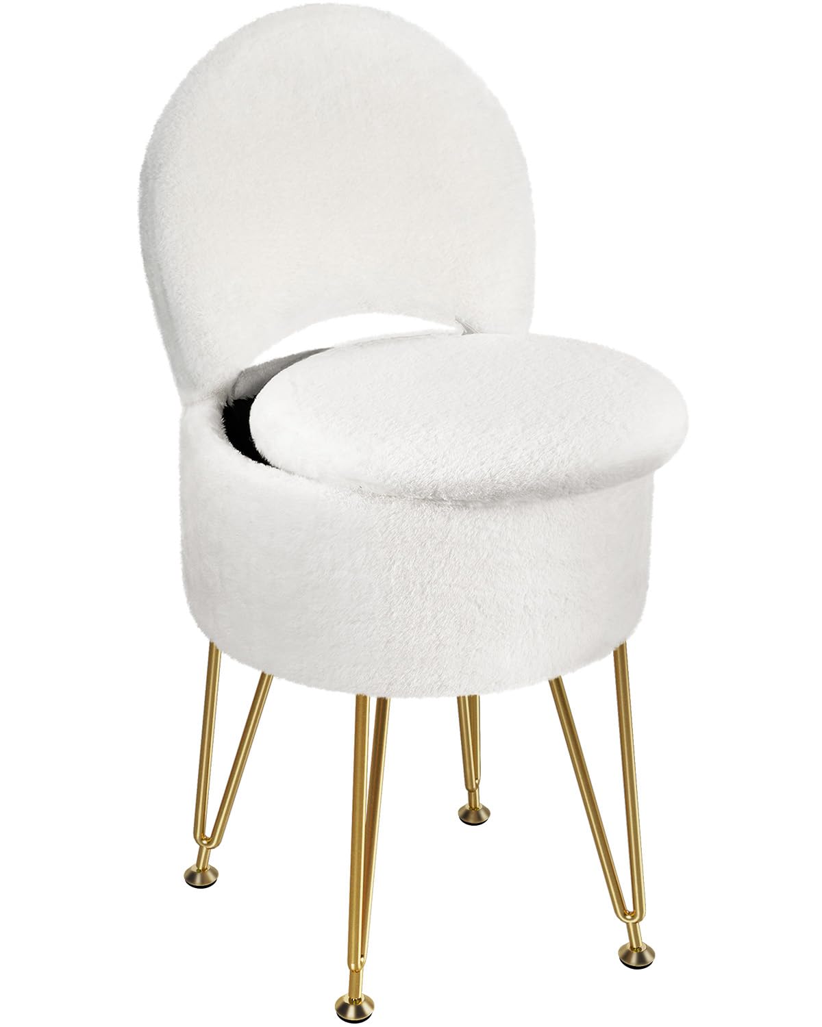 GREENSTELL vanity chair with storage and folding back in white plush fur, ideal for makeup organization