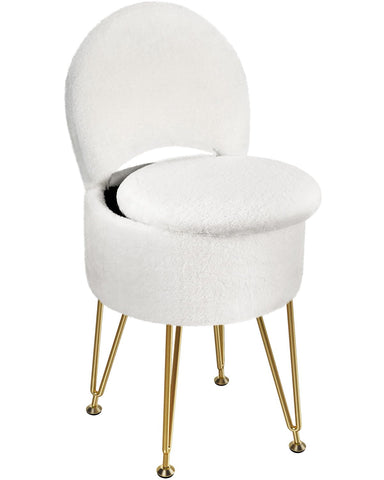 GREENSTELL vanity chair with storage and folding back in white plush fur, ideal for makeup organization