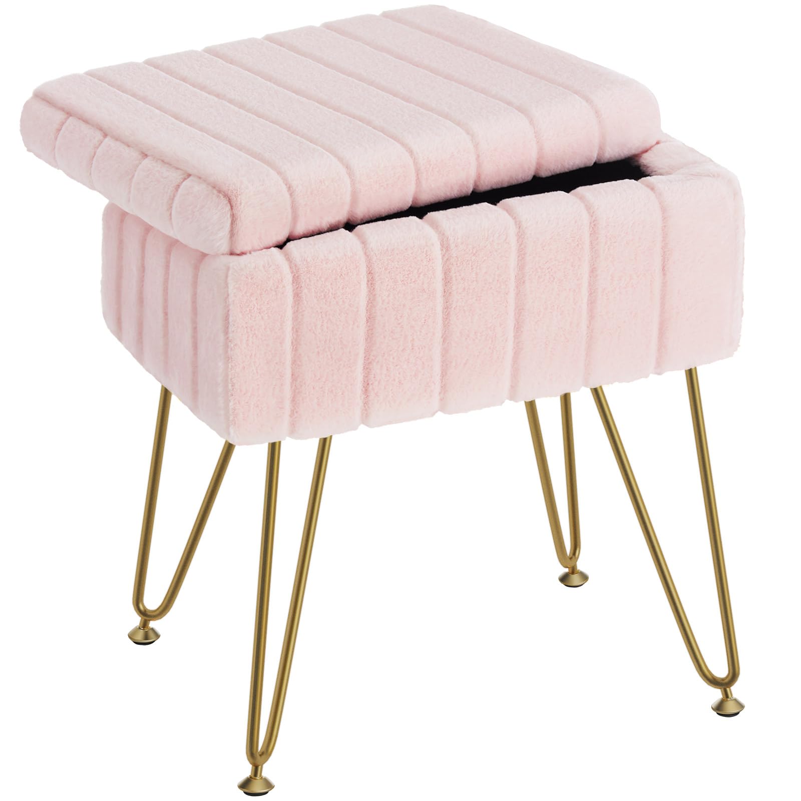 GREENSTELL vanity stool with plush faux fur and hidden storage basket
