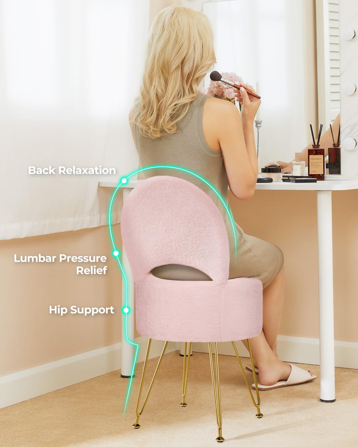 GREENSTELL vanity stool folding backrest supports upright use.