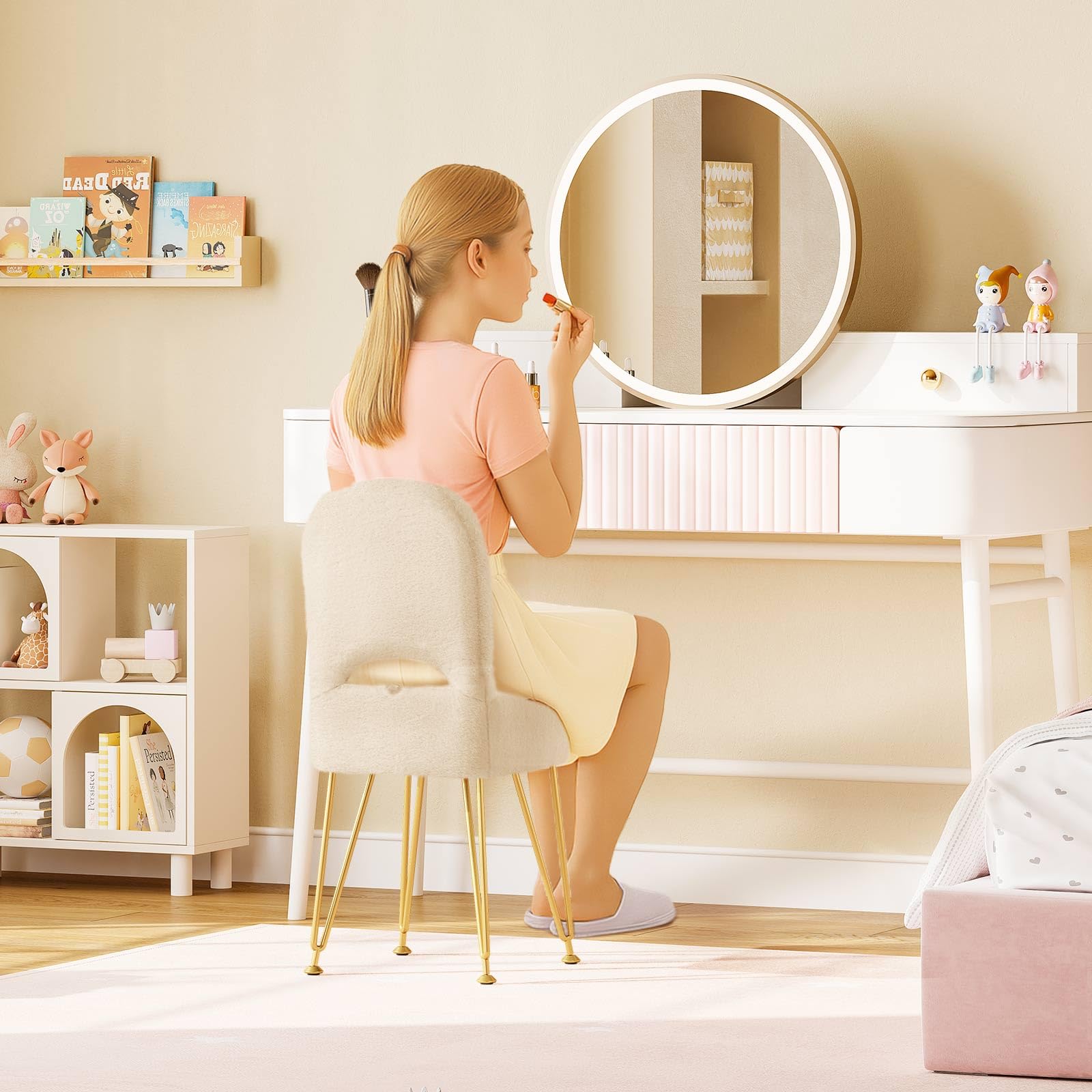 GREENSTELL vanity stool folding backrest demonstrates adjustable support during makeup