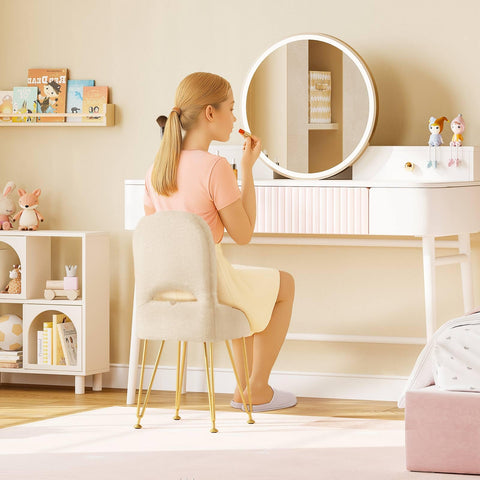 GREENSTELL vanity stool folding backrest demonstrates adjustable support during makeup