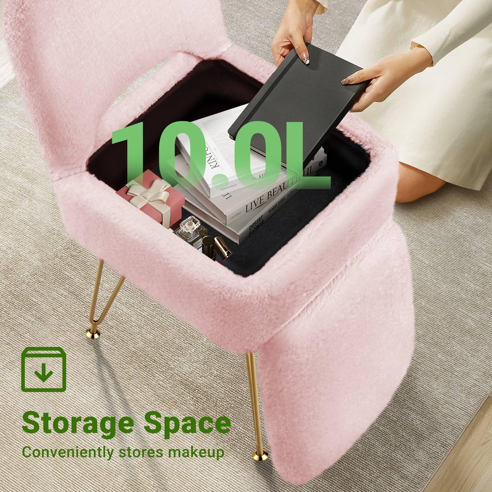 Greenstell vanity stool folding-backrest provides adjustable support during beauty prep.