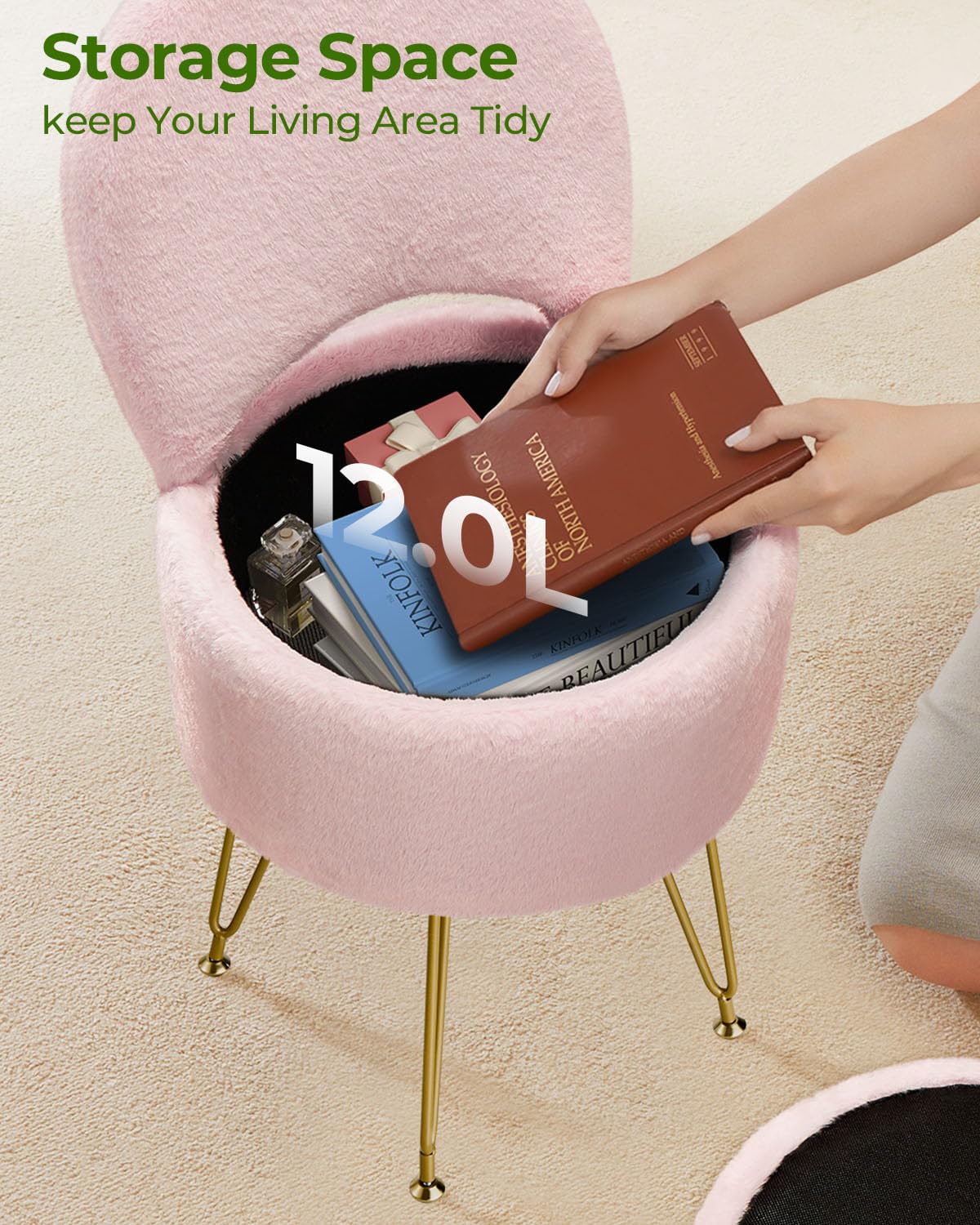 GREENSTELL vanity stool gold legs with anti-slip feet.