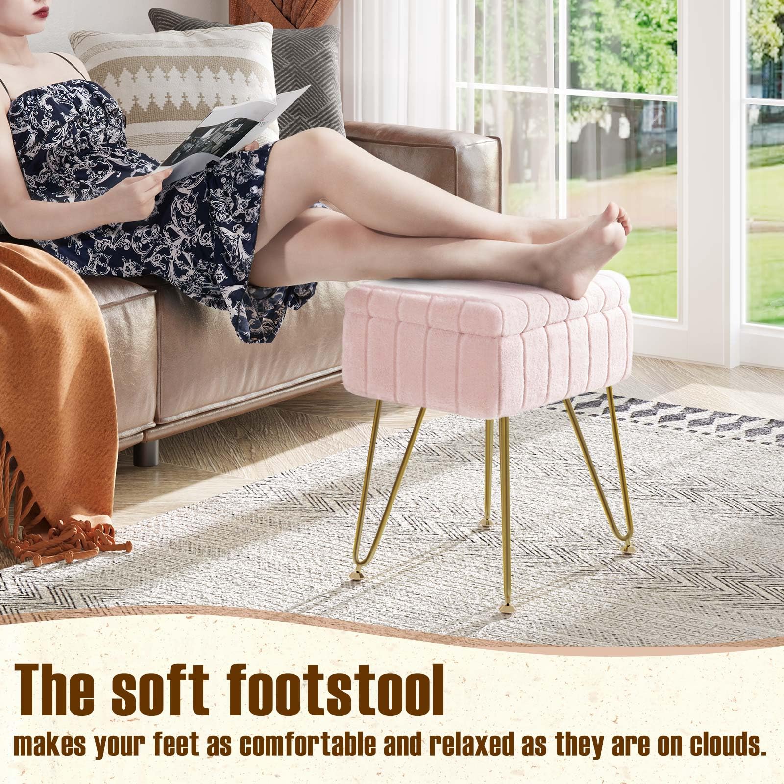 GREENSTELL vanity stool with gold metal legs and anti-slip feet