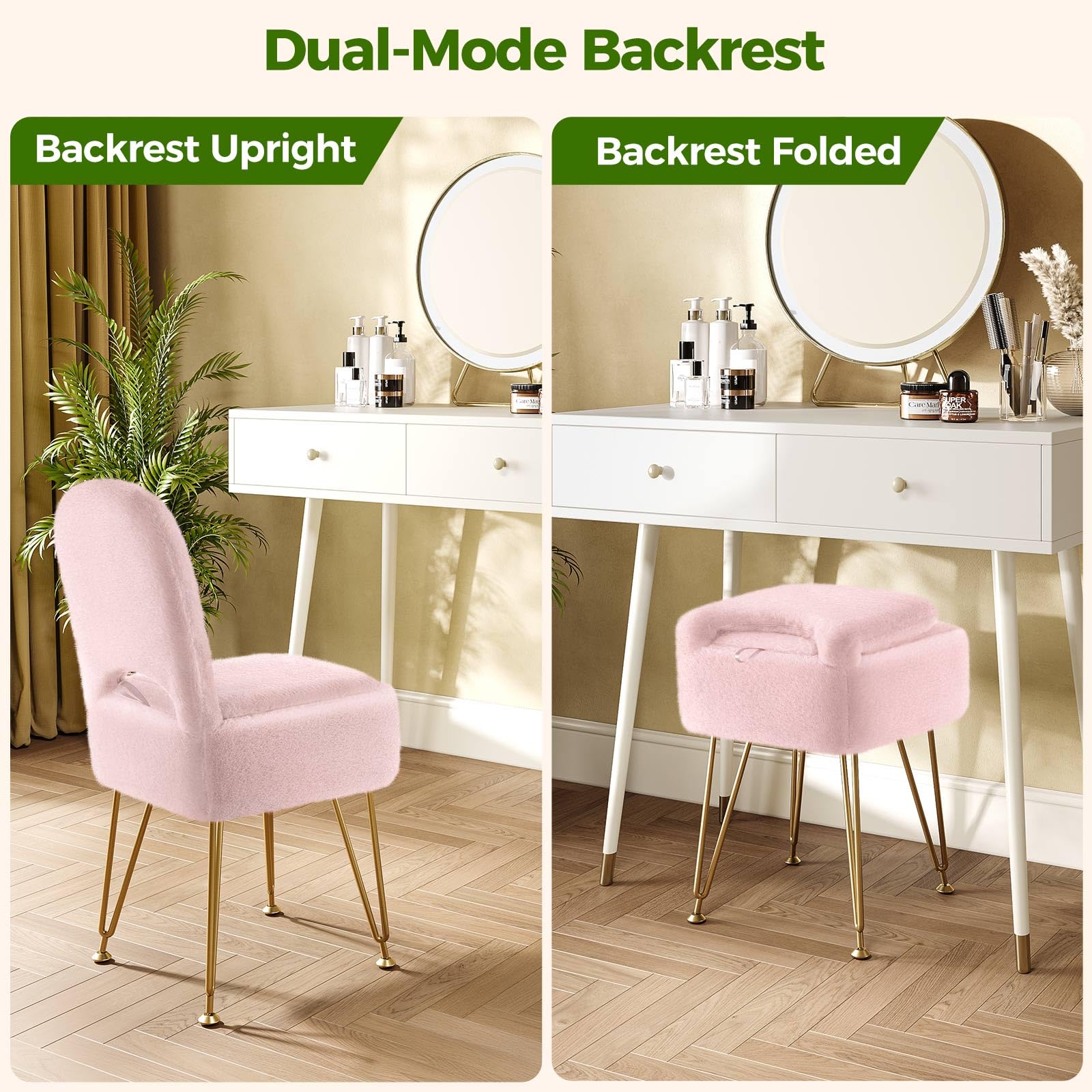 Greenstell vanity stool’s golden metal legs add stability and a luxe touch.