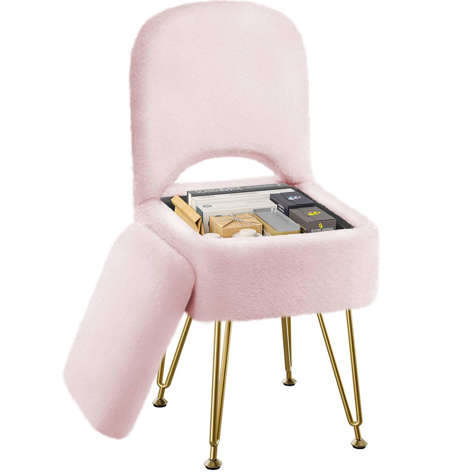 Greenstell vanity stool pink faux fur provides plush comfort for makeup sessions.