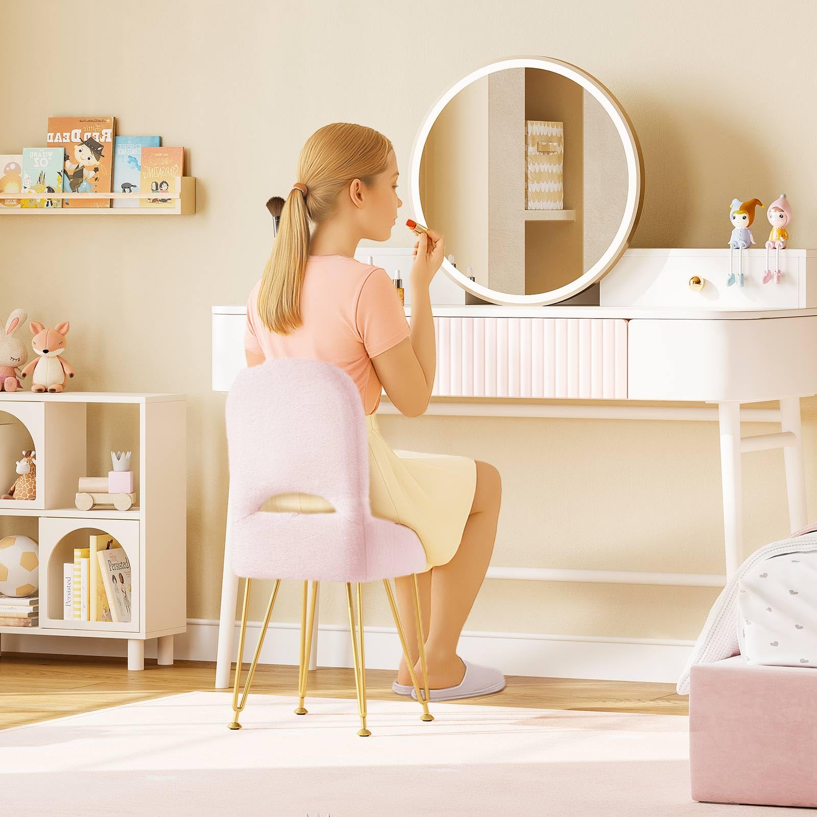 Greenstell vanity stool with storage keeps brushes and skincare within reach.