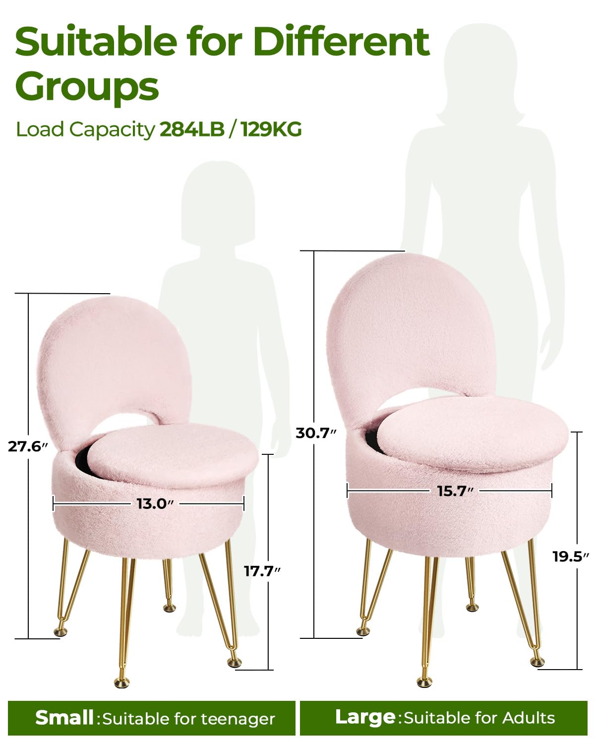 GREENSTELL vanity stool storage basket under seat keeps essentials handy.